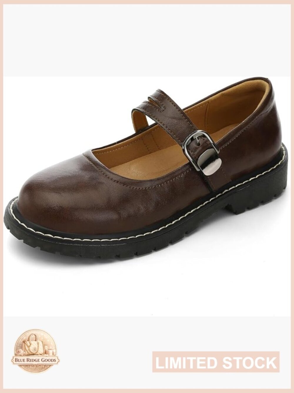 Women's Leather Mary Jane Flats with Hook-and-Loop Strap, Memory Foam, Non-Slip